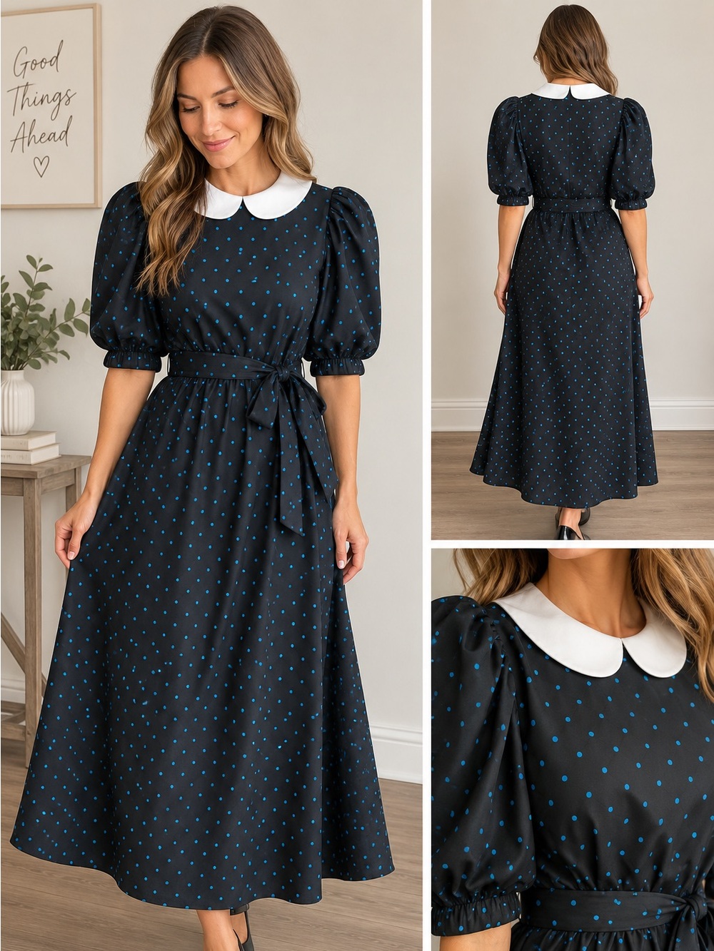 Vntg Twee Peter Pan Collar Polka Dot Midi Dress Shoulder Pads Gothic Wednesday S